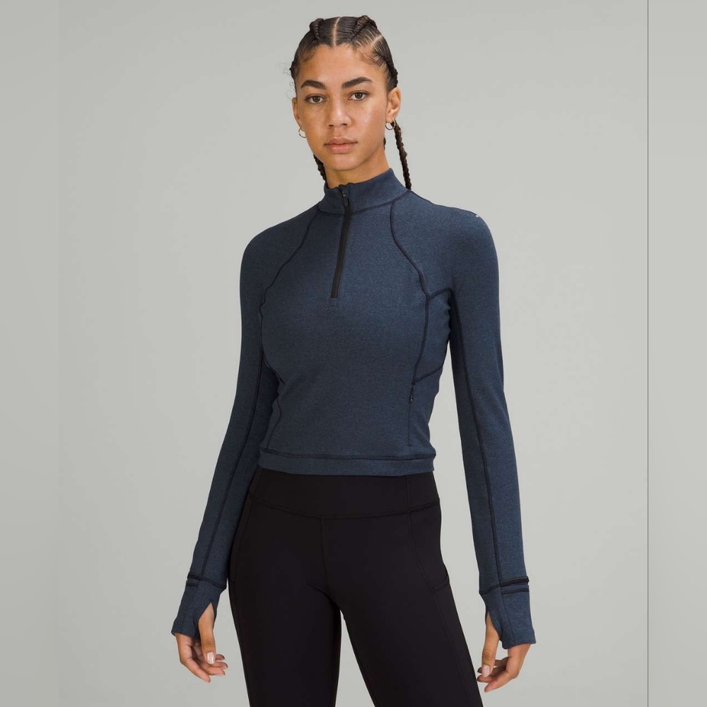 Lululemon Its Rulu Run Cropped Half-Zip in Heathered, True Navy / Black, Size 4